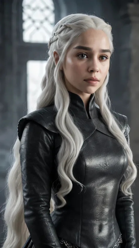 cold expression,white hair, black clothes,Face to the front,Full body view, raw photo of Daenerys Targaryen, highly detailed, arts station, smooth, sharp focus, 8k, trending on instagram, Trending on Tumblr, HDR 4K, 8k,looking at camera,film stock photogra...