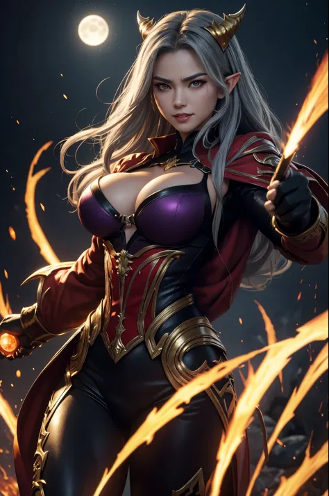 8K,2大きな牙を持つgray hair perm hair,Close-up of a queen with very large breasts in a red jacket(Super realisticな肌), Super beautiful(like the real thing),elf ears,battle scene,Fight Scene,action pose,2. 5d CGI fantasy artwork,portrait of queen of the underworld,...