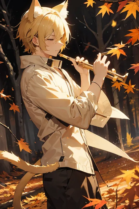 A man with blond hair, cat ears and a tail, plays the flute in the middle of the autumn forest