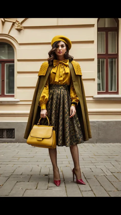 an image of a woman with a retro-inspired fall fashion look. Shes wearing a mustard-yellow bow blouse, a dark patterned skirt, and fishnet tights. An olive green cape coat with shoulder embellishments, a matching mustard-yellow beret, a large yellow handba...