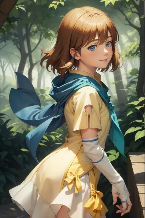 masterpiece, best quality, feMist, blue capelet, yellow shirt, arm warmers, pleated skirt, upper body, from side, smile, hands to heart, looking at viewer, dense forest, sky, hand to heart 