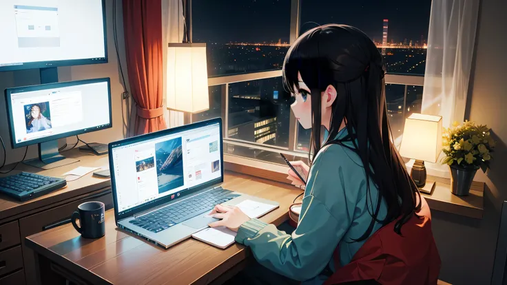 At home at night，Girl looking at the photo of laptop happily。