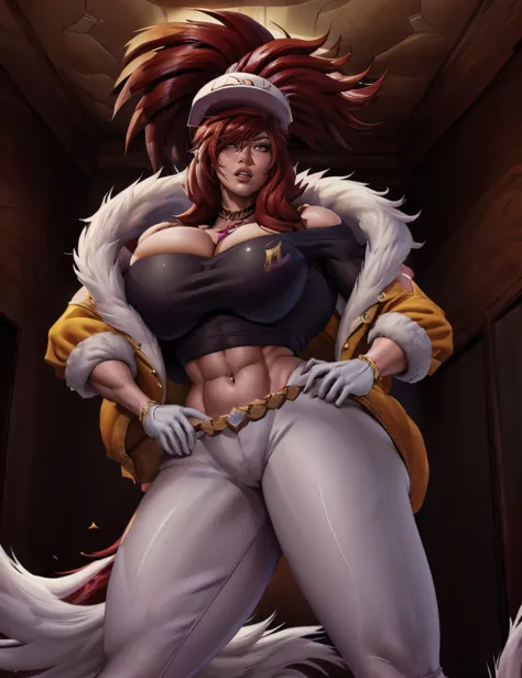 Akali kda prestige, 1girl, solo, long hair, breasts, looking at viewer, jewelry, medium breasts, red hair, necklace, hair over one eye, lips, makeup, white headwear, upper body, epic light, crop top, fur trim, jacket, concert hall, standing, white gloves, ...