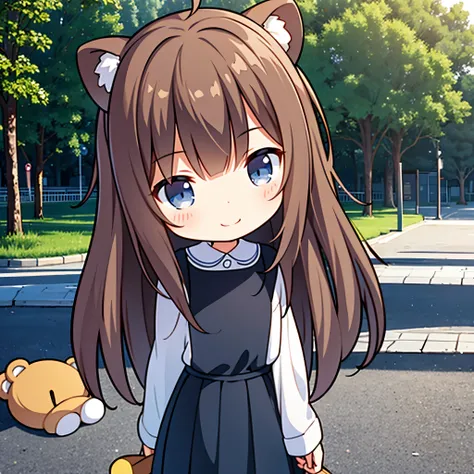 Photoreal、octane render、Morning park、Chibi girl walking with a stuffed bear、girl has bun hair、smile