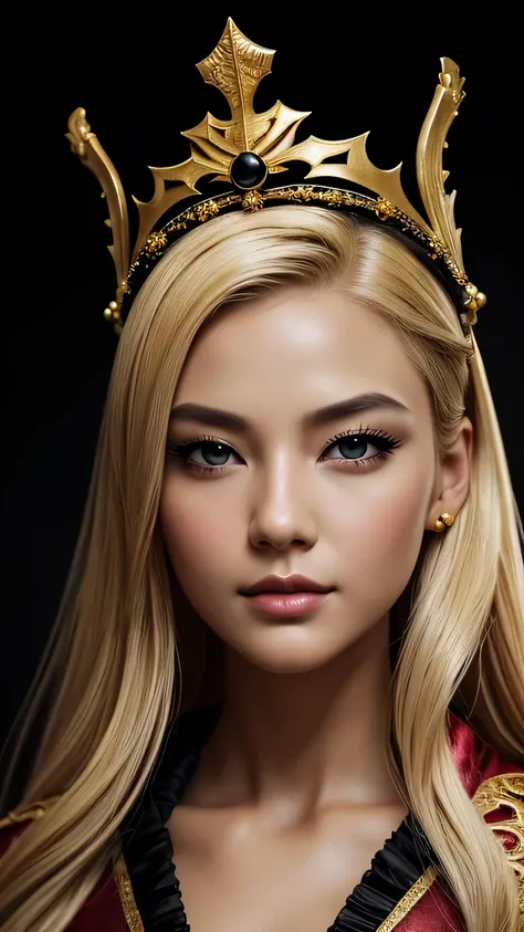 black background、a beautiful empress portrait, blonde hair, Perfect black eyes, Brilliantly, Impossible impressive big Christmas headpiece, clothes Santa robes, everything Christmas, snow, symmetry, Drafoodic Studio Lighting, Rococo, baroque, vegetables, A...