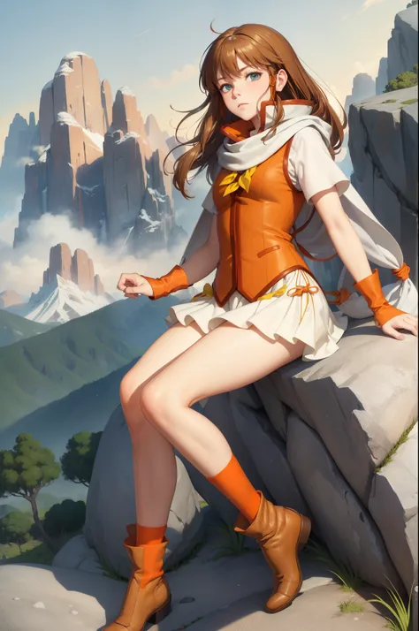 masterpiece, best quality, femist, white scarf, orange vest, yellow dress, orange socks, boots, mountains, hills, rock formation...