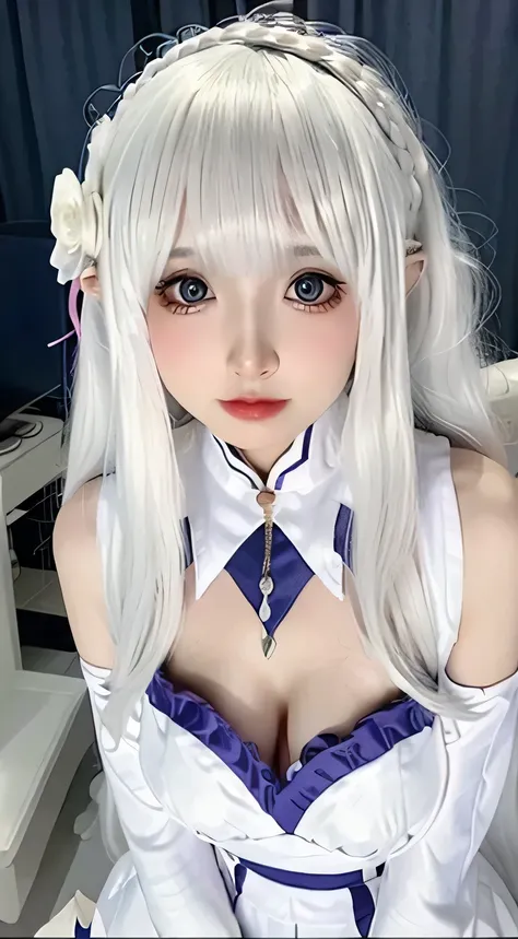 Impeccable，（（（from above））），（（（octave shot））），Ultra-clear，Volumetric lighting，realistically， and cute， Cute little loli，very shy，Raised sexy， fair and soft skin， Eyes are very delicate，Delicate nose，delicate little ，（（（blue））），one of the beautiful girls，cu...