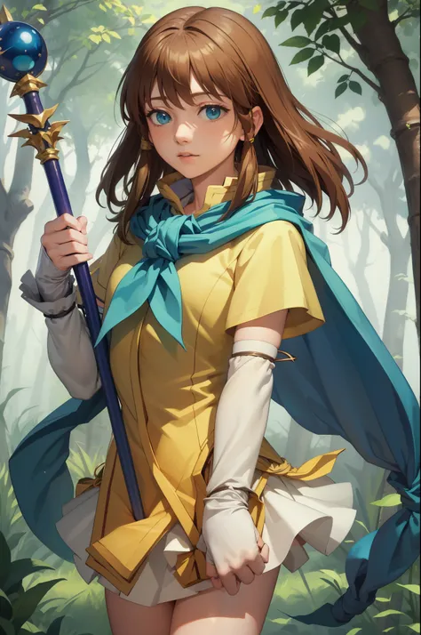 masterpiece, best quality, feMist, blue capelet, yellow shirt, arm warmers, pleated skirt, upper body, looking at viewer, dense forest, holding a wizards staff