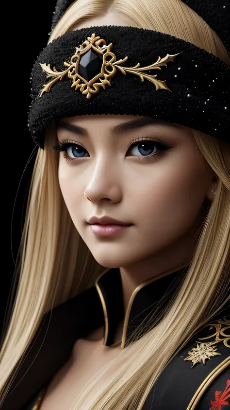 black background、a beautiful empress portrait, blonde hair, Perfect black eyes, Brilliantly, Impossible impressive big Christmas headpiece, clothes Santa robes, everything Christmas, snow, symmetry, Drafoodic Studio Lighting, Rococo, baroque, vegetables, A...