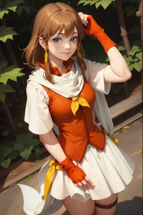 masterpiece, best quality, femist, white scarf, orange vest, yellow dress, fingerless gloves, upper body, forest, looking at vie...