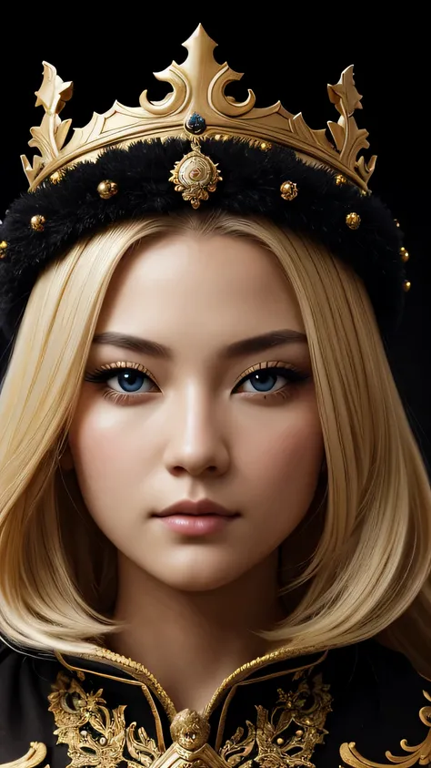 a beautiful empress portrait, blonde hair, Perfect black eyes, Brilliantly, Impossible impressive big Christmas headpiece, clothes Santa robes, everything Christmas, snow, symmetry, Drafoodic Studio Lighting, Rococo, baroque, vegetables, Asian, hyper reali...