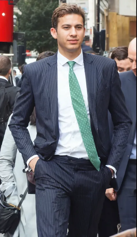 arafed man in a suit and tie walking down a busy street, wearing a pinstripe suit, wearing green suit, wearing a suit and a tie, pinstripe suit, wearing a stylish mens suit, wearing a suit and tie, wearing suit, well - dressed, well dressed, wearing suit a...