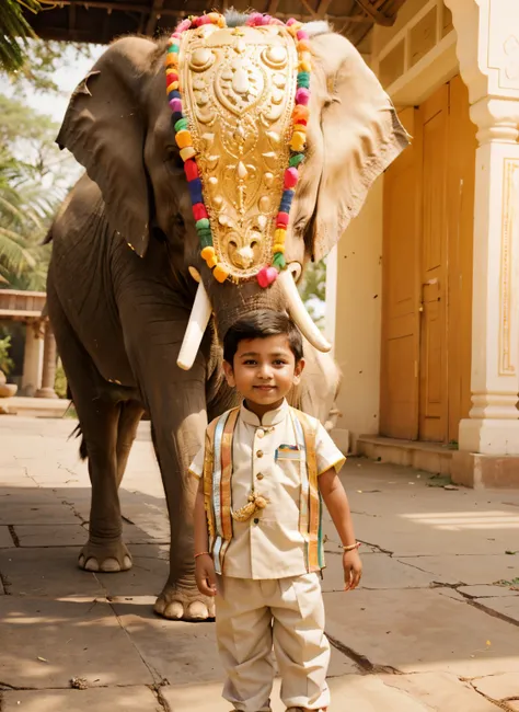 there is a young boy standing in front of an elephant, dressed in a jodhpuri suit, an elephant king, cute boy, with a kid, trending ，, an enormous elephant king, wearing traditional garb, a still of a happy, indian style, wearing an elegant tribal outfit, ...