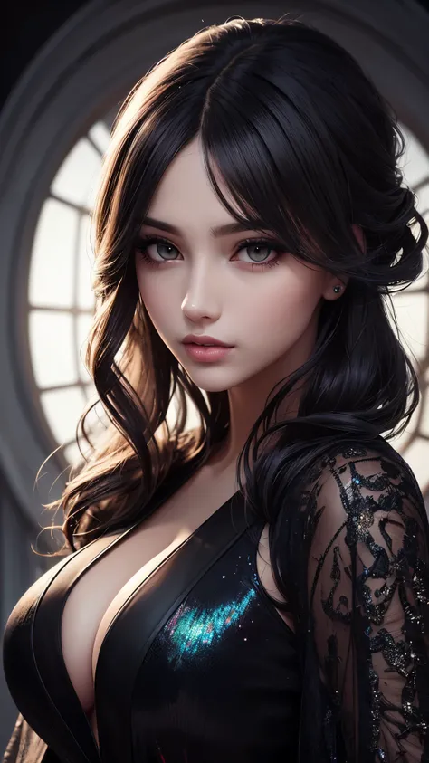 Fantasy girl, Ultra detailed beautiful woman, voluminous breasts, of a 25-year-old woman, Stunningly beautiful, dark-black color hair, wavy hairstyle, black color eyes, very long eyelashes, Stunningly beautiful face, holographic, ultra detailed illustratio...