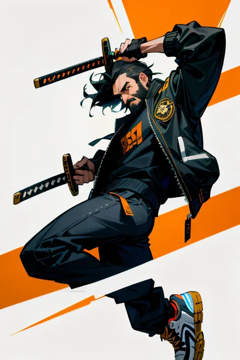 spanish man with beard and katana blade wearing a bomber jacket and sneakers