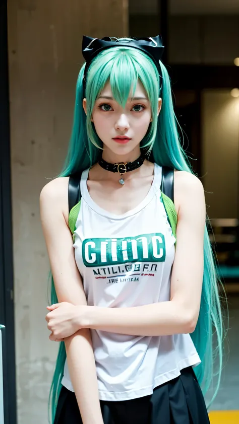 Hatsune Miku, city, green hair, green eyes, vocaloid, girl in need, collar, white shirt, t-shirt, blue short, sleeveless, looking at viewer, standing