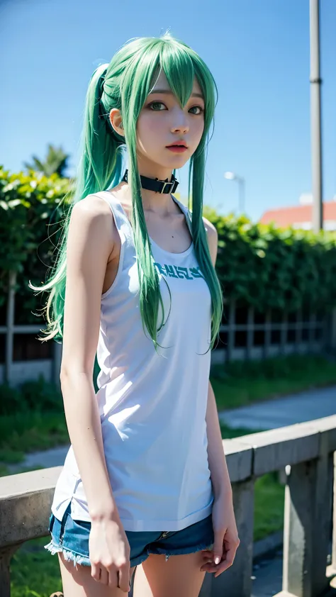 Hatsune Miku, city, green hair, green eyes, vocaloid, girl in need, collar, white shirt, t-shirt, blue short, sleeveless, looking at viewer, standing