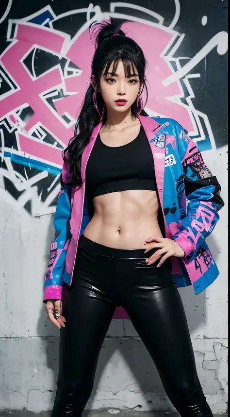 Realistic skin, best quality, Clarity, 4k, 8k, detail, actual, tattoed Girl, Korean makeup, black lips, pink and blue medium mullet hair, Perfect six pack body, stand, pose standing, medium chest, dark blazer top, black legging Pants, Solid graffiti wall b...