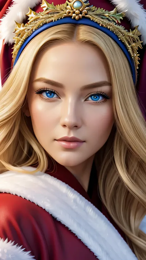 a beautiful empress portrait, blonde hair, perfect blue eyes, Brilliantly, Impossible impressive big Christmas headpiece, clothes Santa robes, everything Christmas, snow, symmetry, Drafoodic Studio Lighting, Rococo, baroque, vegetables, Asian, hyper realis...