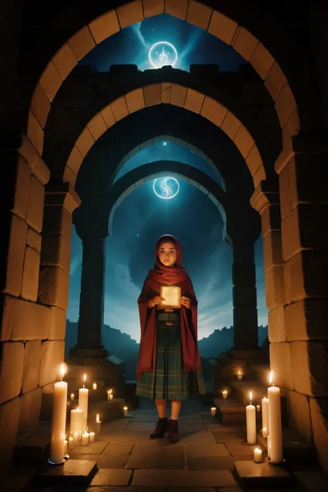 In the spellbound courtyard of a mystical Scottish manor in the 1990s, a tween Arab girl, with a celestial headscarf and an enchanted book of spells, conjures a swirling portal to a mythical realm, surrounded by floating candles and ancient stone archways.