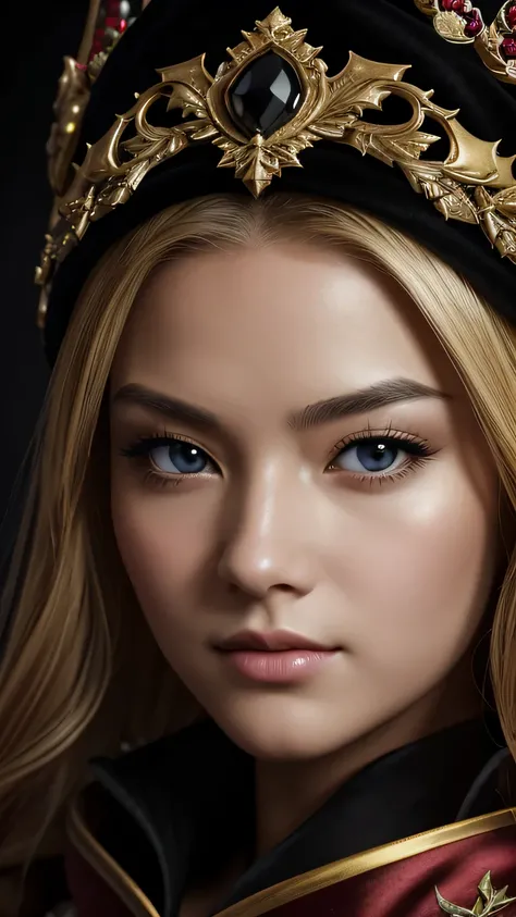 a beautiful empress portrait, blonde hair, Perfect black eyes, Brilliantly, Impossible impressive big Christmas headpiece, clothes Santa robes, everything Christmas, snow, symmetry, Drafoodic Studio Lighting, Rococo, baroque, vegetables, Asian, hyper reali...