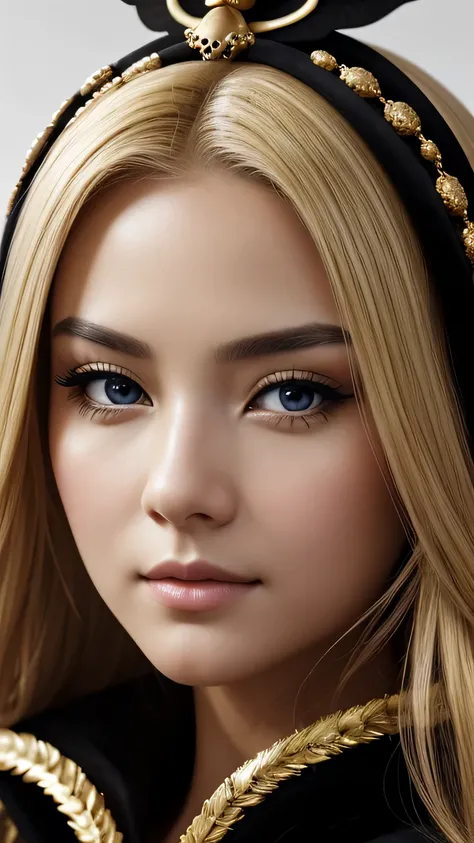 a beautiful empress portrait, blonde hair, Perfect black eyes, Brilliantly, Impossible impressive big Christmas headpiece, clothes Santa robes, everything Christmas, snow, symmetry, Drafoodic Studio Lighting, Rococo, baroque, vegetables, Asian, hyper reali...