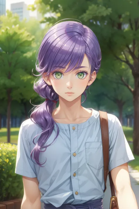 masterpiece, best quality, sketch, 1boy, solo, looking at viewer, , depth of field, ligne claire, realistic, mako_saitou, purple hair, green eyes, , , ,