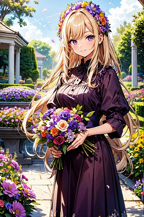 confused, High resolution, (official art, beautiful and aesthetic:1.2), (close view:1.2), front composition, 
1 girl, (long hair:1.2), two-tone purple and blonde hair、wavy hair, smile, (bunny girl costume)I&#39;I will give you a bouquet of flowers、Pick up ...