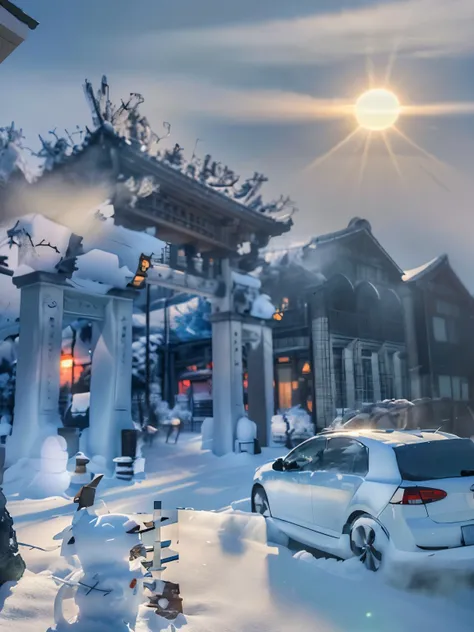 at winter season，Oyuki，snow landscape，The tree，（（（Rime））），the setting sun，thin fog，Dingdall effect，super-fine，tmasterpiece，8K，depth of fields，ultra - detailed，Meticulous portrayal，Ultra photo realsisim，Hyper-realistic