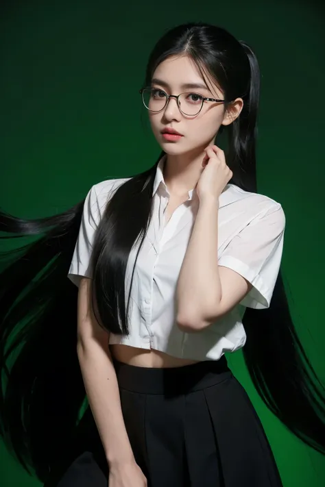 masterpiece,  glasses, school, pony tail hair, Best quality at best, high qulity, OLGA_mary, black hair, long hair, hair between eye, red ascot, black skirt, Very long hair, cow boy shot, black background, green light rim