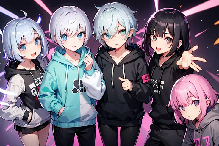 short hair、earrings、gray hair、open your mouth、double teeth、[1girl]、舌earrings、One eye hides、[hair over one eye]、hoodie、short trousers、[1 person]、stand、whole body、Neon style