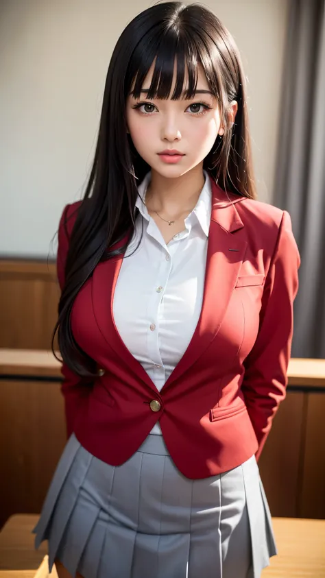 ((best quality)), ((muste piece)), (detailed breasts), (highlight), perfect face　Young girl highlighting large breasts with detailed face、Long, thick, shiny, beautiful black hair with blunt bangs、solid color background、Standing wearing red and black blazer...