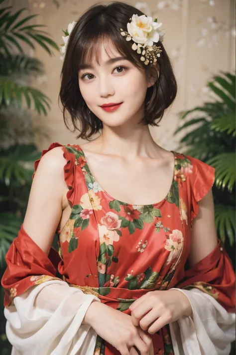 148
(20 year old woman,Floral costume), (surreal), (High resolution), ((beautiful hairstyle 46)), ((short hair:1.46)), (gentle smile), (breasted:1.1), (lipstick)
