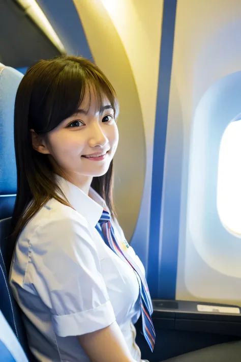 Female, cabin attendant, on plane, upper body, healthy, Japanese, cute