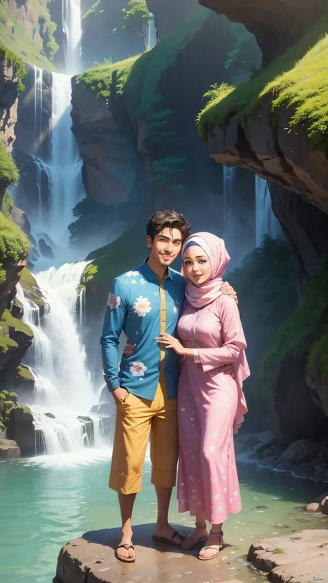  8k,3D,cartoon image, man wearing jean, and (woman wearing long flowing floral baju kurung and hijab, modest clothing) , waterfall background, cartoon art style, cute cartoon, cartoon art, in cartoon style, portrait, cartoon art digital, full body or portr...