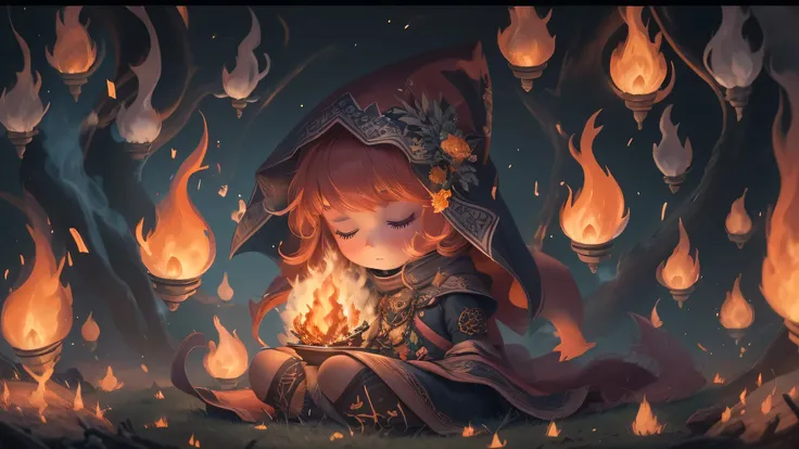 （（shot from a far distance）），（Cute fire elf decorated with flames and fluorite），（（Bonfires and shining ores on dark nights&Wind blowing effect&floating flames）），（Meditating girl），（soft light lighting），official art，（wallpaper design）