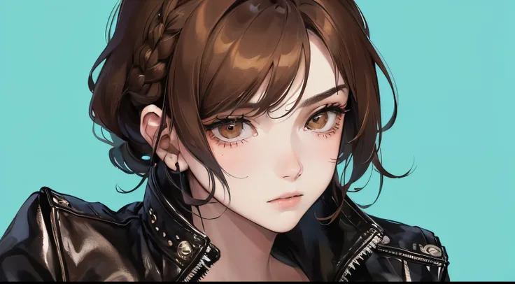 (((1 woman)))、(highest resolution、clear_image)、 ((The gaze is looking down))、best quality、((short hair)),(((cool solid color background)))、contrast of light and shadow、((illumination))、very detailed、Semi-realistic、brown hair、Braided hairstyle、sad look、long...