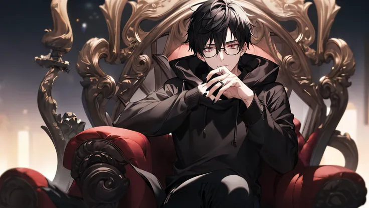 1 guy, black jeans, black sweater, press, Thin, pale, rings on fingers, black nails, Glasses, black hair, a little sporty, Glass eyes, portrait, cinematic lighting, Blur background, Best quality, Brown eyes, sitting on the throne, The god, In the sky, ever...