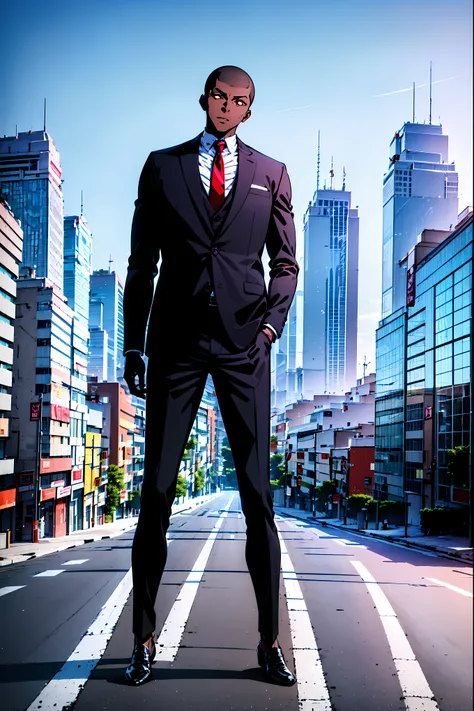 masterpiece, high quality, highly detailed, portrait, 1boy, dark skin, life-size-body, red eyes, buzzcut, fitted black business jacket, white shirt, red tie, black formal pants, black formal shoes, city, empty road, blue sky, highly detailed background
