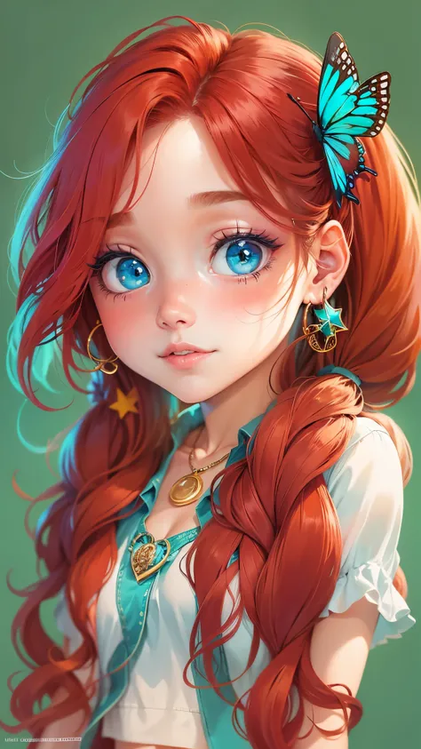 A beautiful girl with long red hair and blue eyes. She is wearing a white shirt, a denim vest, and a blue bow in her hair. She has two red braids and is wearing a turquoise heart-shaped pendant on a gold chain. She has a blue butterfly hairpin and is weari...