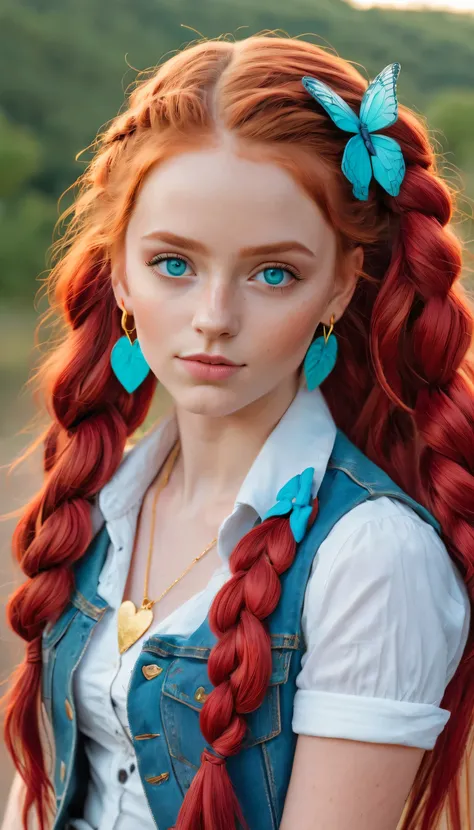 A beautiful girl with long red hair and blue eyes. She is wearing a white shirt, a denim vest, and a blue bow in her hair. She has two red braids and is wearing a turquoise heart-shaped pendant on a gold chain. She has a blue butterfly hairpin and is weari...