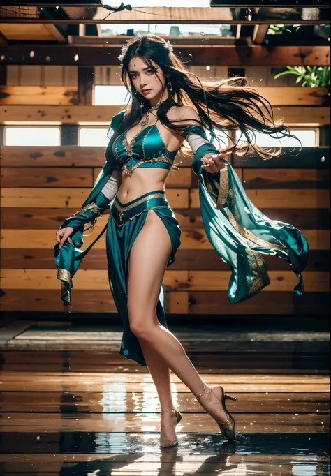 A beautiful woman with flowing waves of aquamarine long hair, exquisite facial features, a melancholic expression, delicate and bright eyes, skin as smooth and radiant as polished jade, her slender and graceful figure dances like water splashes in the wind...