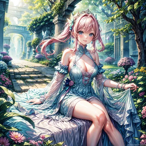 (best quality, 8k, masterpiece:1.2, nsfw ), Cutest,Cute girl, mesugaki, Beautiful face, Beautiful eyes, Beautiful hair, Light pink hair, Lots of colorful flowers, sunshine, peaceful garden, summer dress, smiling, golden hour lighting, vibrant colors, happy...