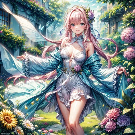 (best quality, 8k, masterpiece:1.2, nsfw ), Cutest,Cute girl, mesugaki, Beautiful face, Beautiful eyes, Beautiful hair, Light pink hair, Lots of colorful flowers, sunshine, peaceful garden, summer dress, smiling, golden hour lighting, vibrant colors, happy...