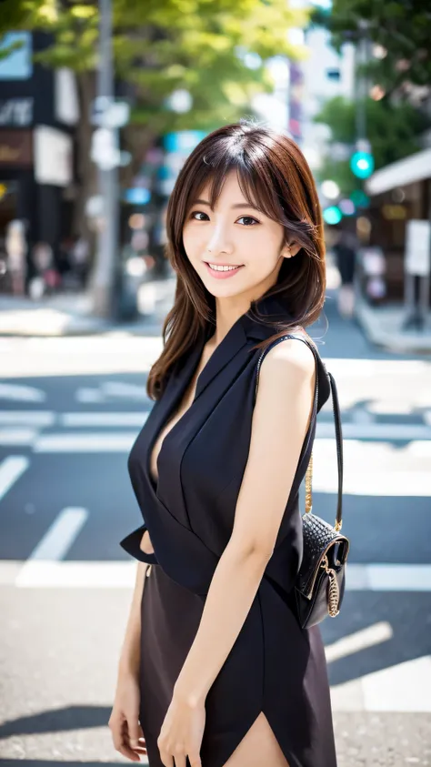 Highest resolution, 4K, Masterpiece: 1.3), A Japanese milf, Sexy: 1.1, fine eyes, Slender figure, Realistic teeth, double eyelids, full body, best quality, detailed, at the city, feminine fashion