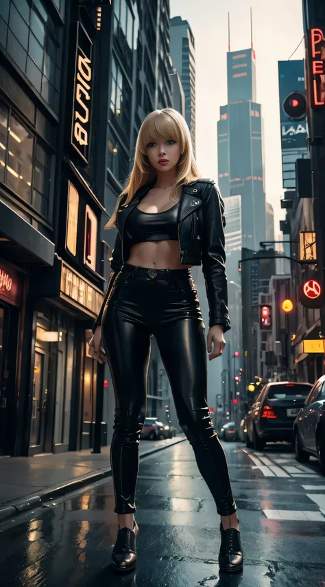 full body Realism, 16-year-old girl, long blond hair, bangs falling on her face, blue eyes, slightly open mouth, red lips, beautiful hairstyle, light makeup, round breasts, in a leather jacket, tight leather pants, beautiful shoes on her feet, walking city...