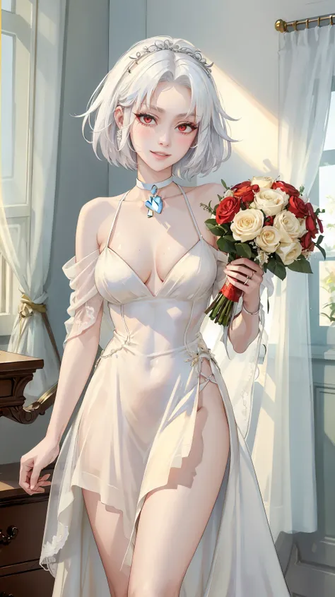 ((((masterpiece, best quality, high resolution)))), (1girl:1.5), ((short hair, white hair, red eyes, sharp eyes)), (average breasts:1.2), (blushing), (light smile, parted lips), glow, thighs, bare shoulders, collarbone, narrow waist, (slender body figure),...