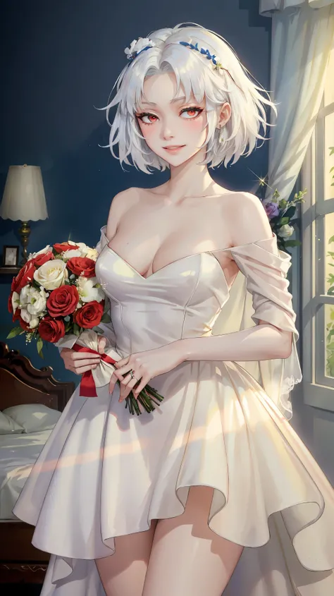 ((((masterpiece, best quality, high resolution)))), (1girl:1.5), ((short hair, white hair, red eyes, sharp eyes)), (average breasts:1.2), (blushing), (light smile, parted lips), glow, thighs, bare shoulders, collarbone, narrow waist, (slender body figure),...