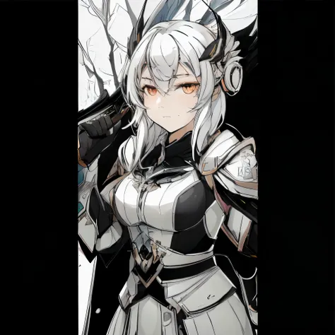 anime character with white hair and armor holding a sword, armor girl, pale black armor, gorgeous female paladin, highly detailed exquisite fanart, white haired deity, white armor, glossy white armor, of a beautiful female knight, mechanized valkyrie girl,...