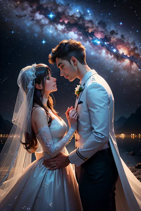 In the vast expanse of the modern universe, where stars twinkle like diamonds and planets align in perfect harmony, a nice real-life couple exchanges heartfelt vows amidst the breathtaking backdrop of outer space. Dressed in their best formal attire, they ...